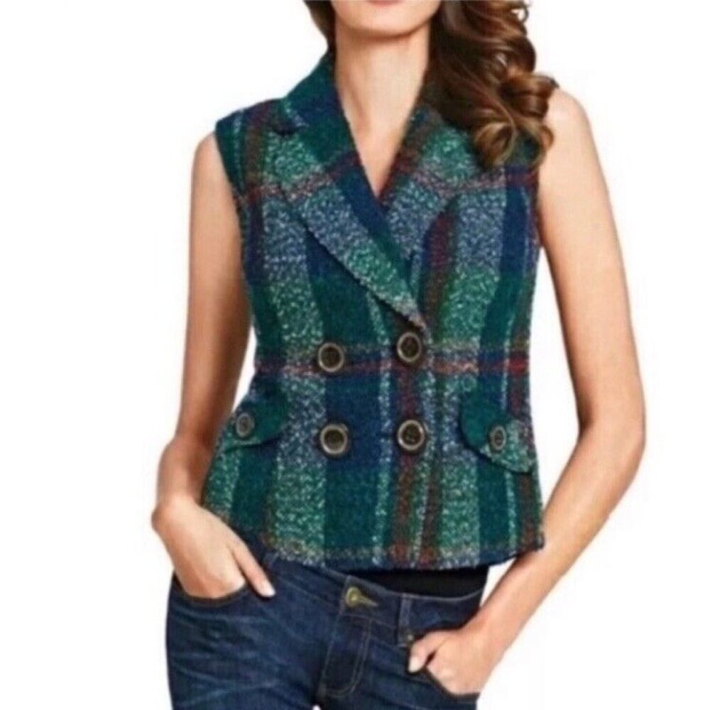 Plaid Sleeveless Jacket - Green and Blue